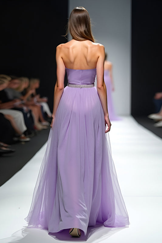 A Line Lilac Square Neck Tulle Long Gala Dress