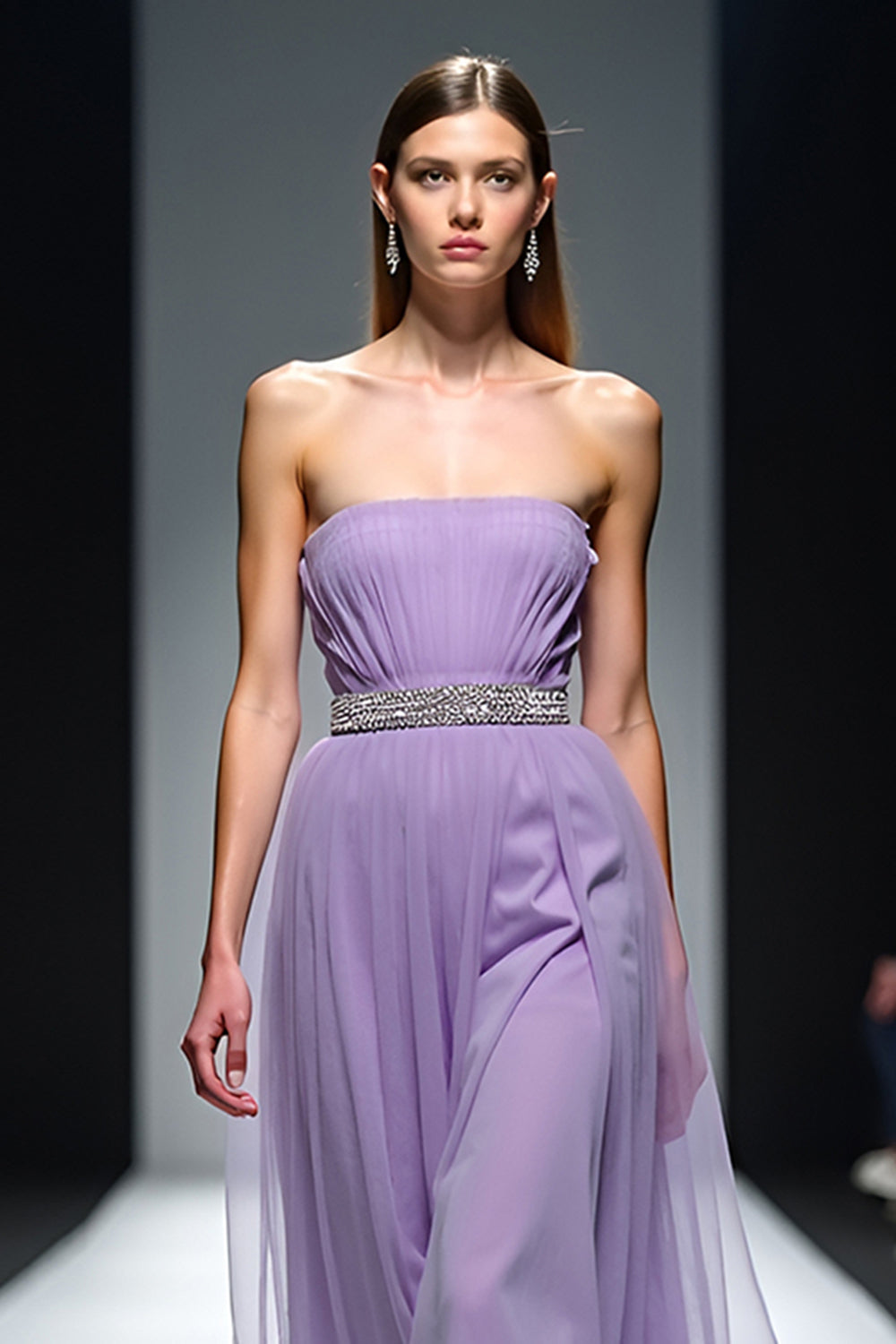 A Line Lilac Square Neck Tulle Long Gala Dress