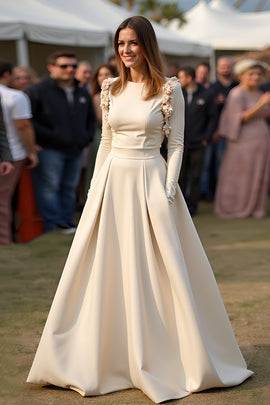 Simple Apricot Satin A Line Gala Dress with Long Sleeves