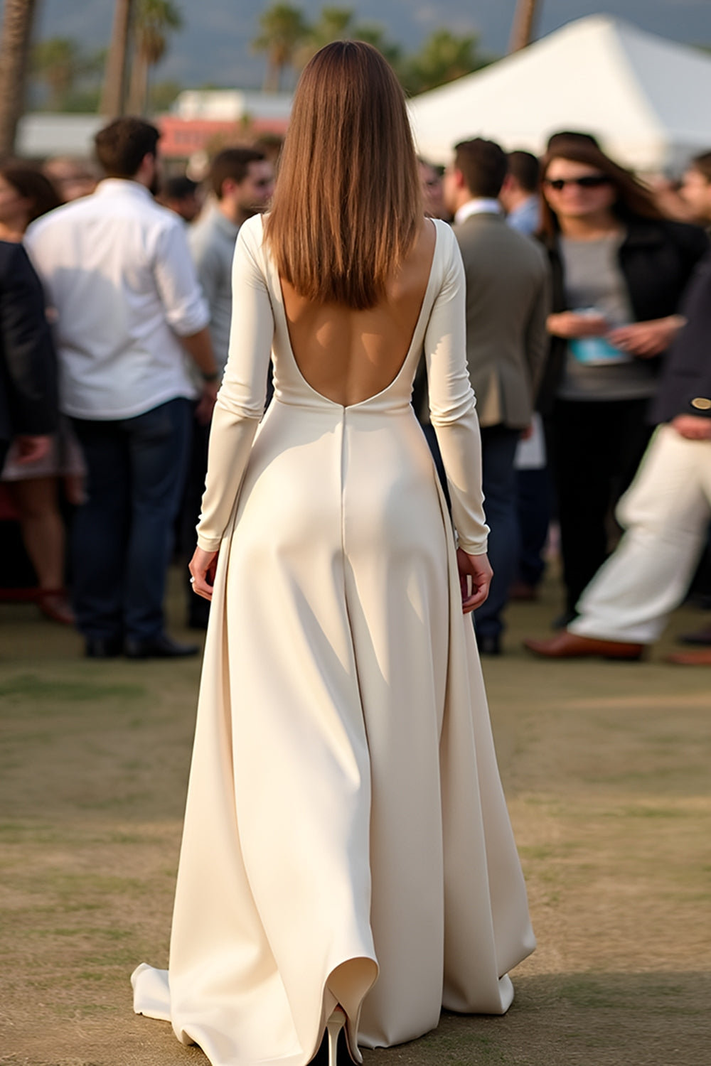 Simple Apricot Satin A Line Gala Dress with Long Sleeves