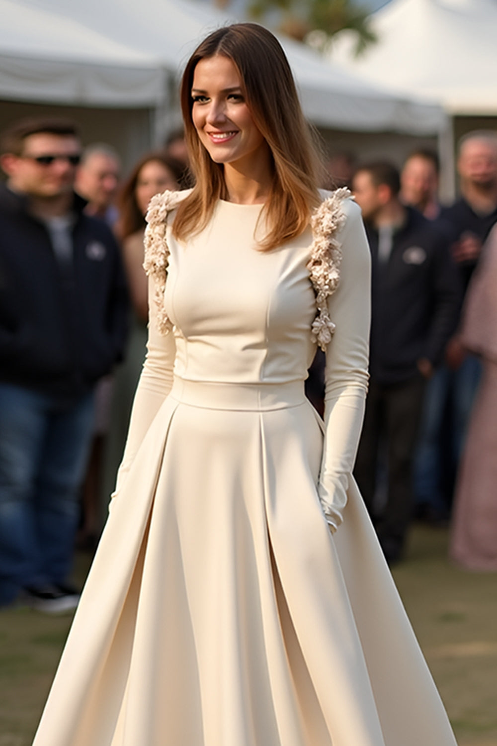 Simple Apricot Satin A Line Gala Dress with Long Sleeves