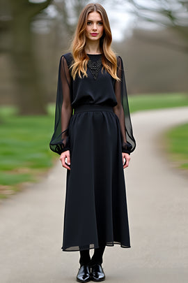 A Line Black Chiffon Sleeves Formal Dress