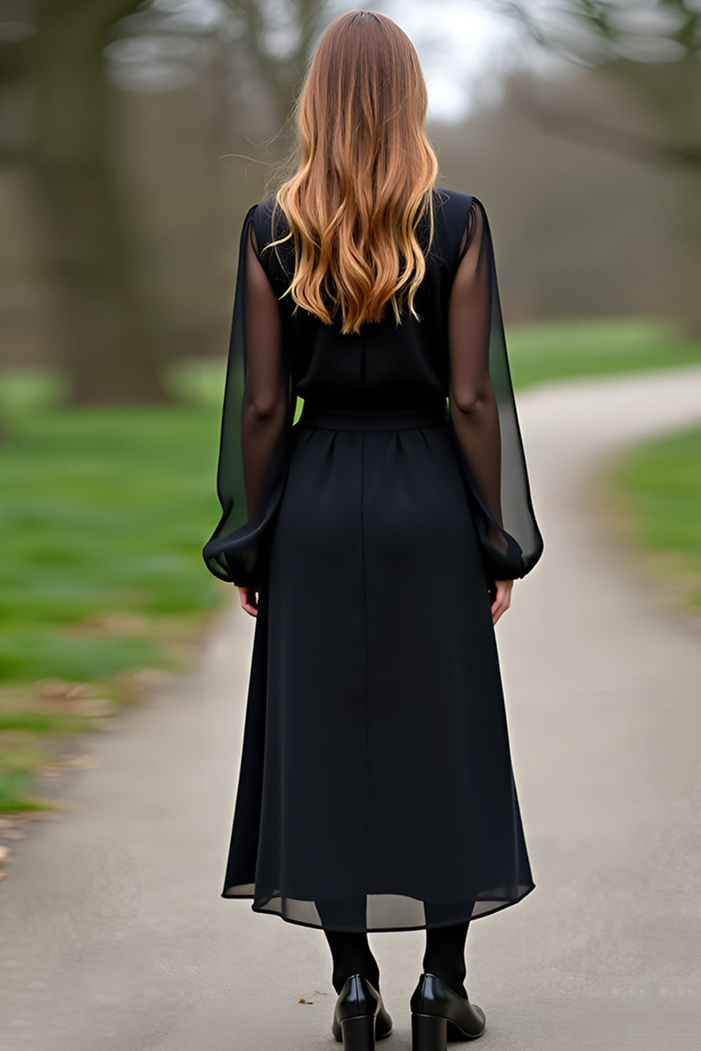 A Line Black Chiffon Sleeves Formal Dress