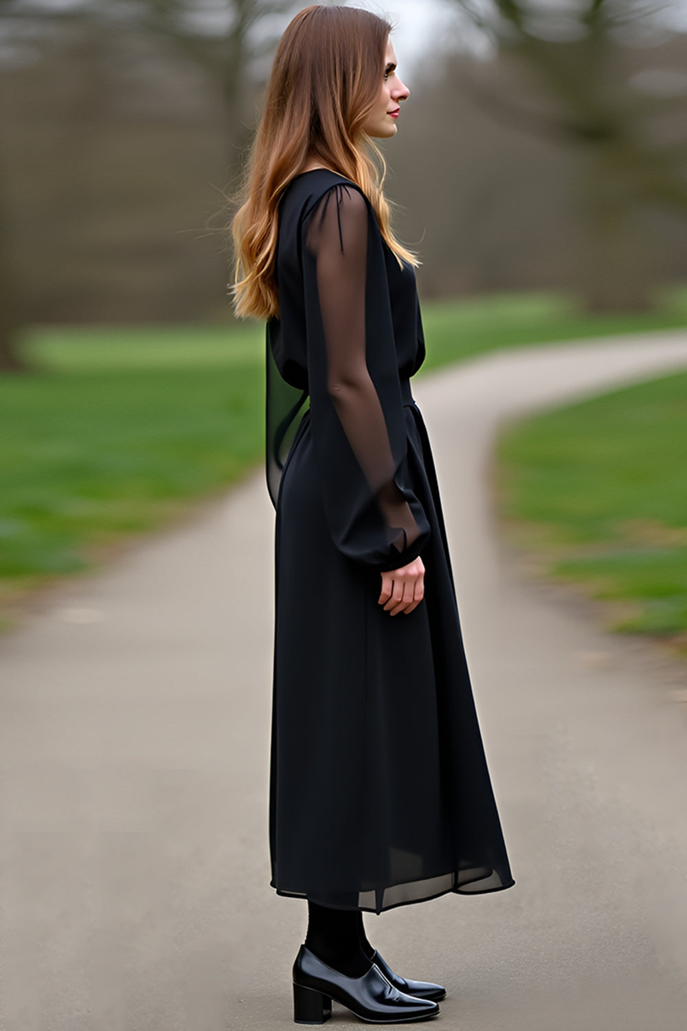 A Line Black Chiffon Sleeves Formal Dress