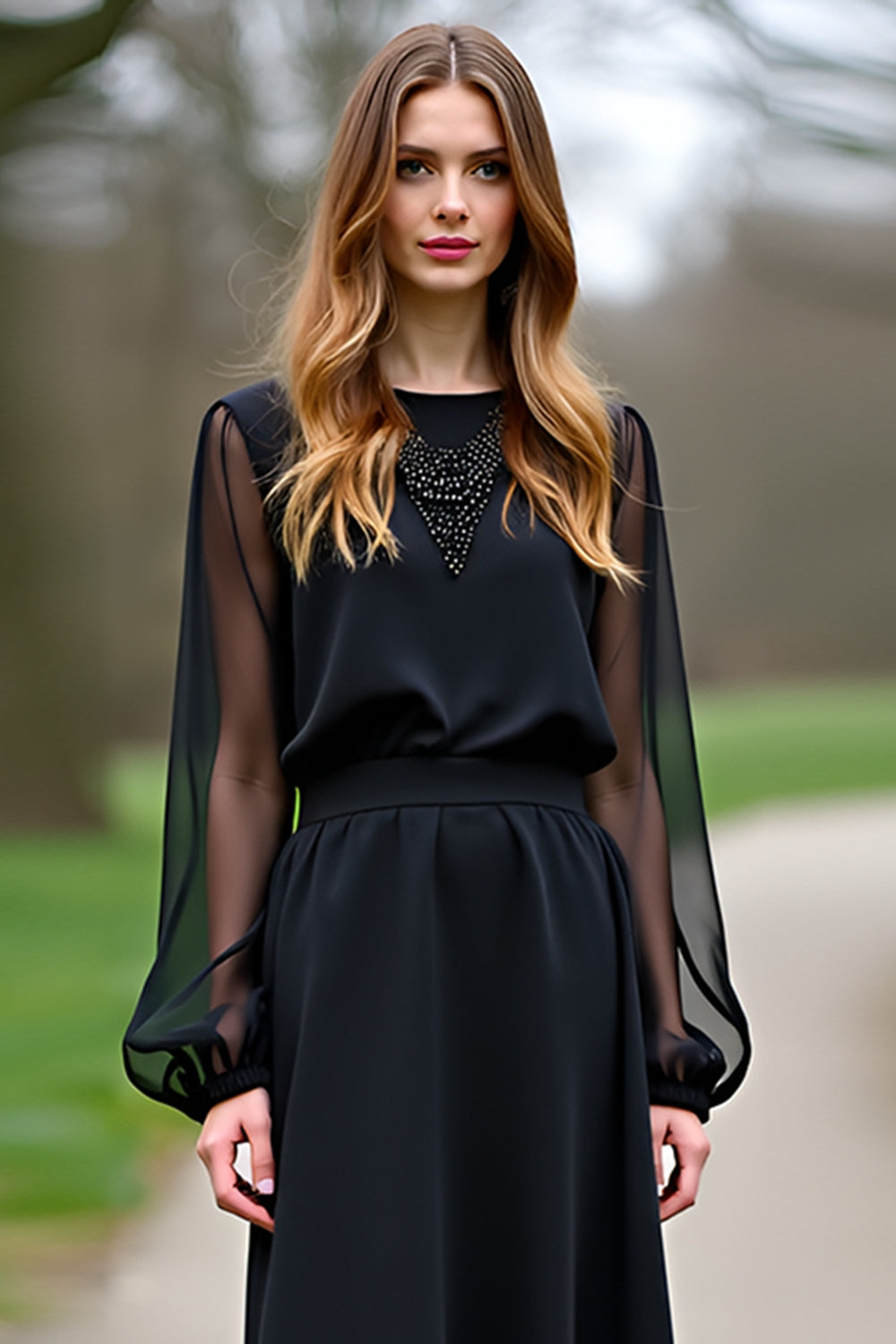 A Line Black Chiffon Sleeves Formal Dress