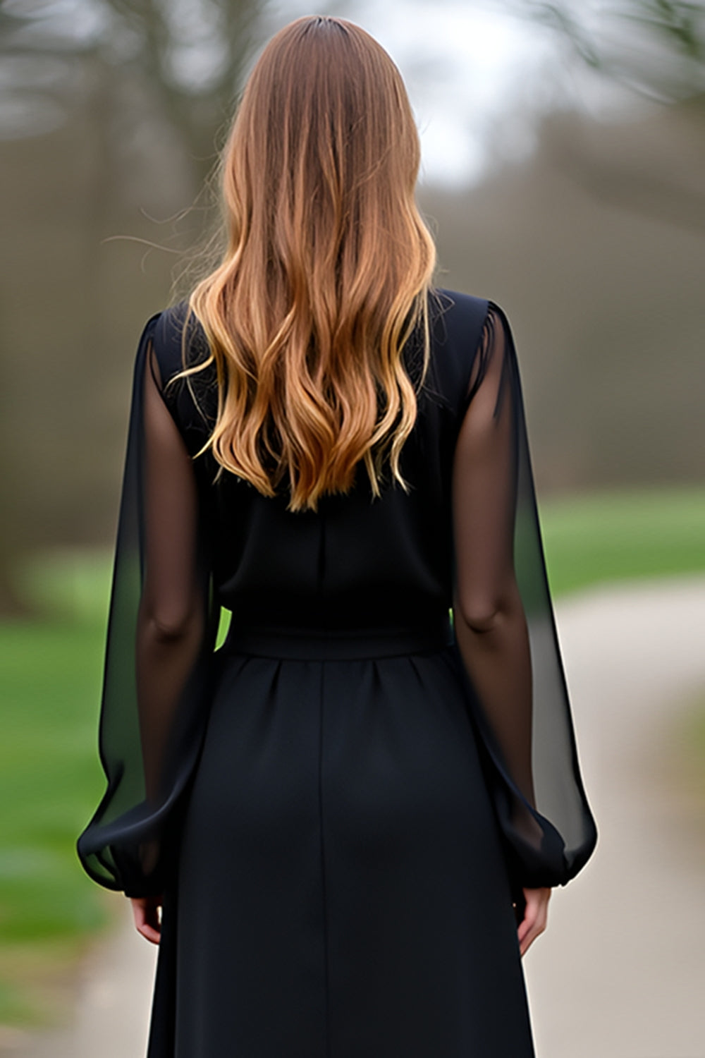 A Line Black Chiffon Sleeves Formal Dress