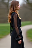 A Line Black Chiffon Sleeves Formal Dress