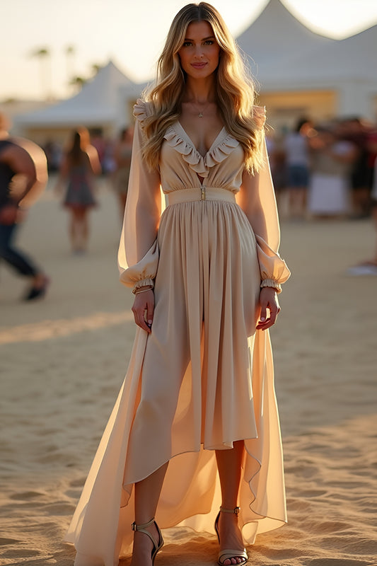 Apricot Ruffled Asymmetrical Length Formal Dress with Long Sleeves