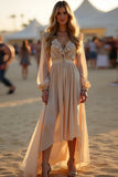 Apricot Ruffled Asymmetrical Length Formal Dress with Long Sleeves