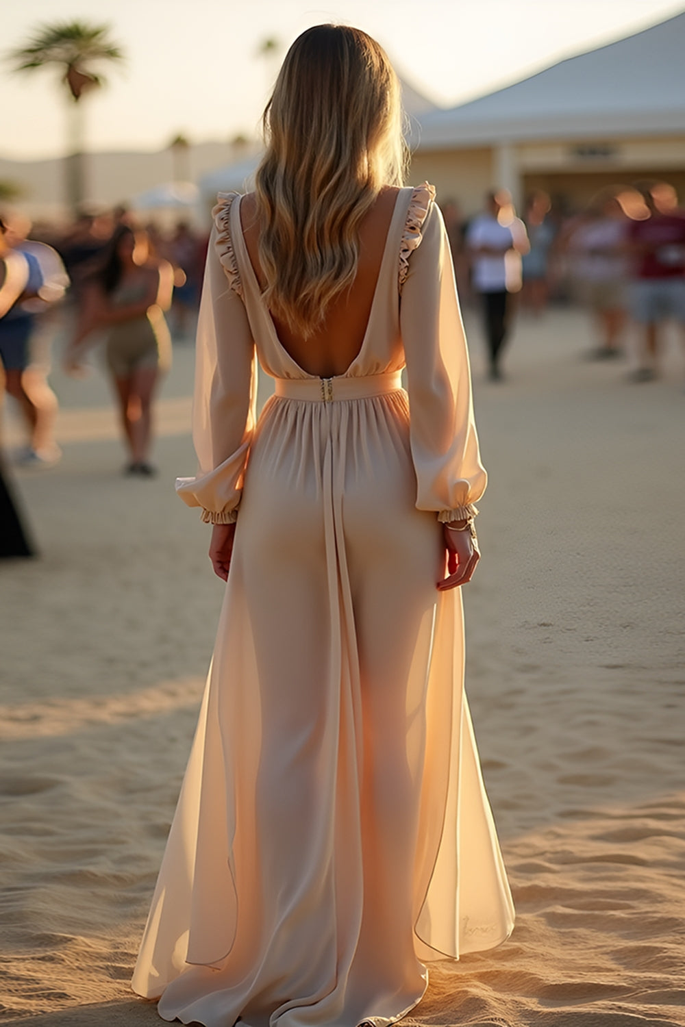 Apricot Ruffled Asymmetrical Length Formal Dress with Long Sleeves