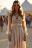 Apricot Ruffled Asymmetrical Length Formal Dress with Long Sleeves