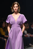 Purple V-Neck A Line Long Wedding Guest Dress with Short Sleeves