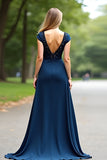 A Line Navy V-Neck Long Mother Of Bride Dress with Cap Sleeves