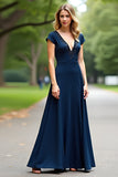 A Line Navy V-Neck Long Mother Of Bride Dress with Cap Sleeves