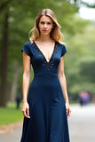 A Line Navy V-Neck Long Mother Of Bride Dress with Cap Sleeves