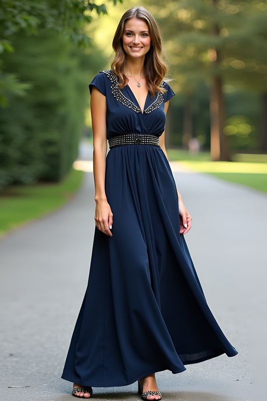 Navy A Line Floor Length Beaded Formal Dress with Cape Sleeves