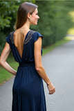 Navy A Line Floor Length Beaded Formal Dress with Cape Sleeves