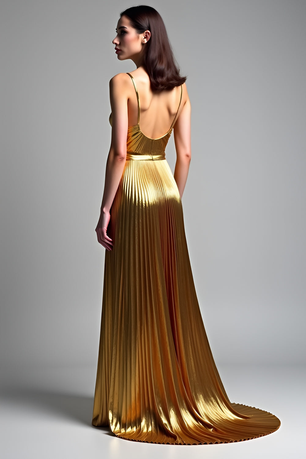 Metallic Golden A Line Long Wedding Guest Dress