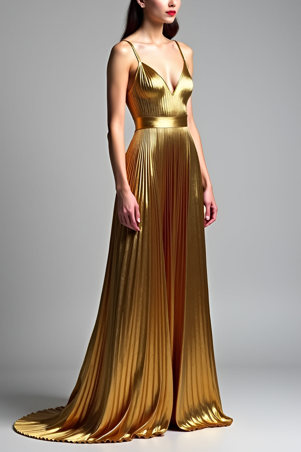 Metallic Golden A Line Long Wedding Guest Dress