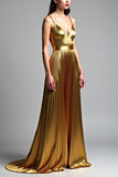 Metallic Golden A Line Long Wedding Guest Dress