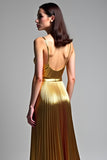 Metallic Golden A Line Long Wedding Guest Dress