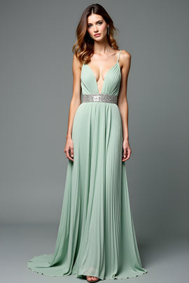 A Line Green Deep V-Neck Pleated Long Wedding Guest Dress