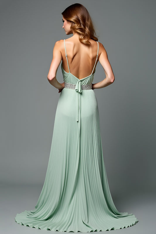 A Line Green Deep V-Neck Pleated Long Wedding Guest Dress