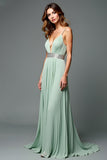 A Line Green Deep V-Neck Pleated Long Wedding Guest Dress