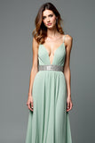 A Line Green Deep V-Neck Pleated Long Wedding Guest Dress