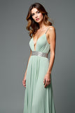 A Line Green Deep V-Neck Pleated Long Wedding Guest Dress