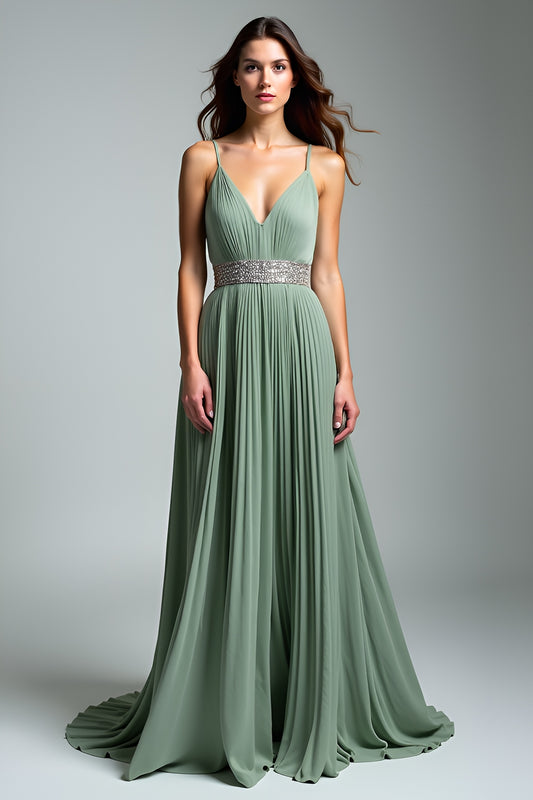 Spaghetti Straps Dusty Sage Pleated Long Wedding Guest Dress