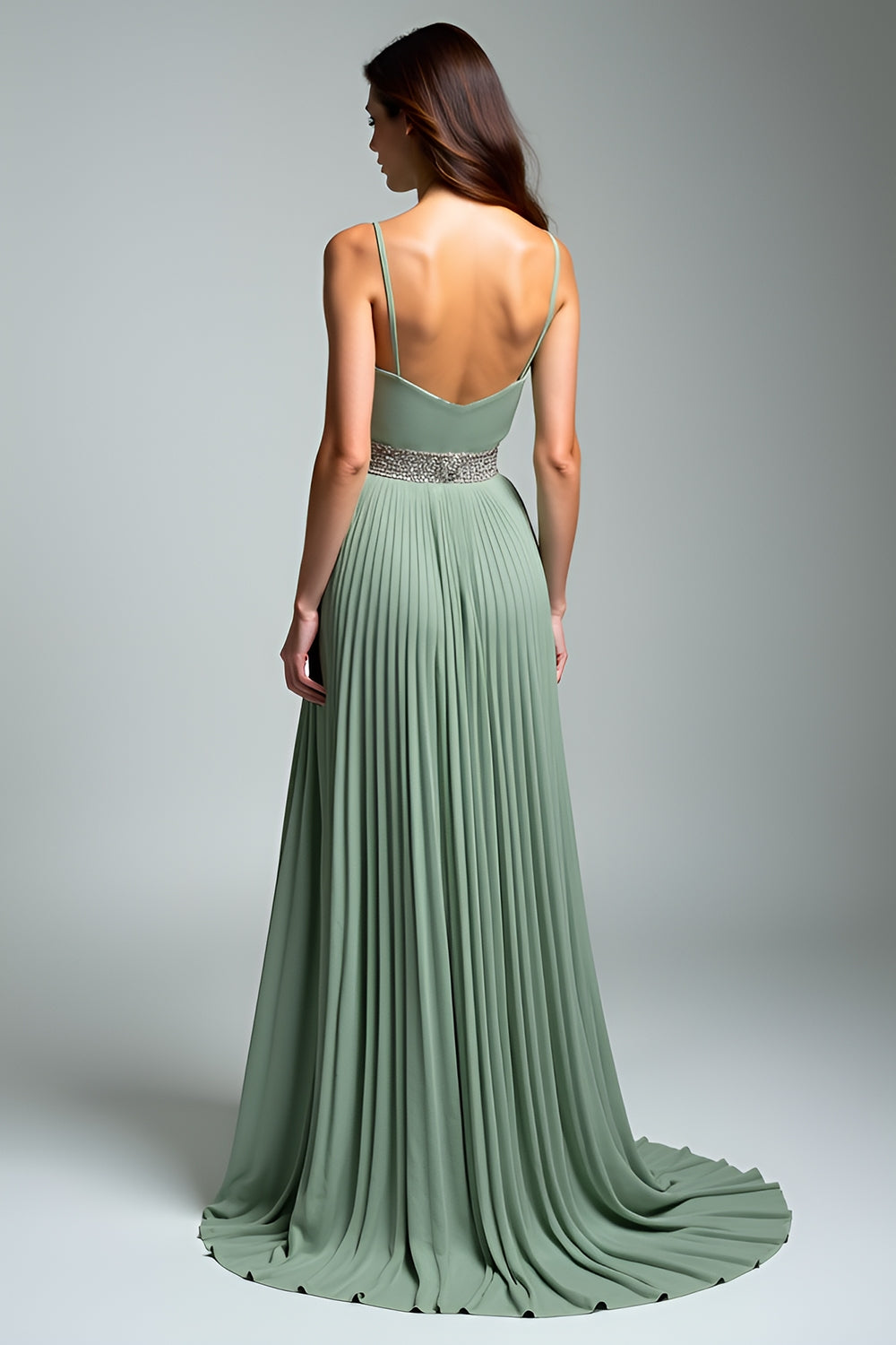 Spaghetti Straps Dusty Sage Pleated Long Wedding Guest Dress