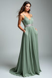 Spaghetti Straps Dusty Sage Pleated Long Wedding Guest Dress