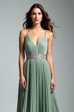 Spaghetti Straps Dusty Sage Pleated Long Wedding Guest Dress