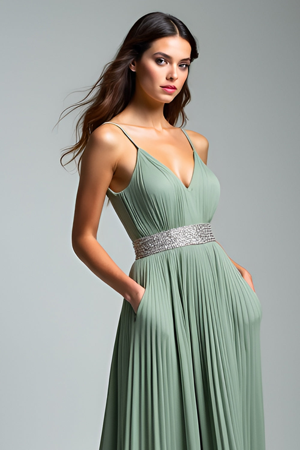 Spaghetti Straps Dusty Sage Pleated Long Wedding Guest Dress