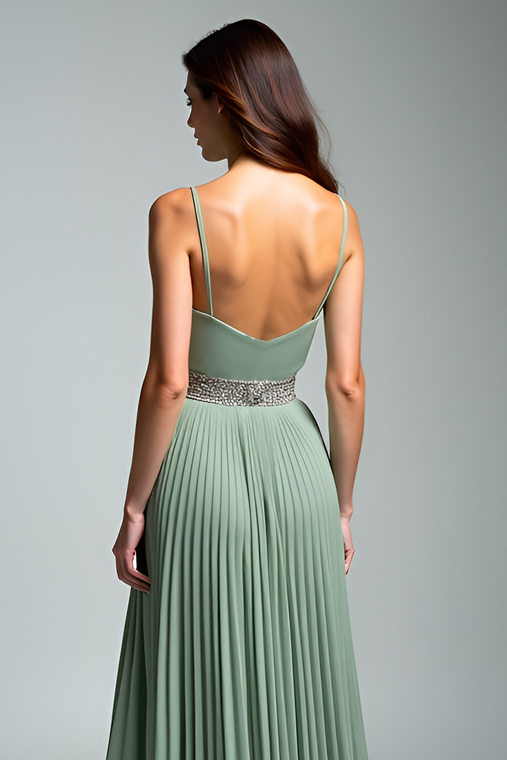 Spaghetti Straps Dusty Sage Pleated Long Wedding Guest Dress