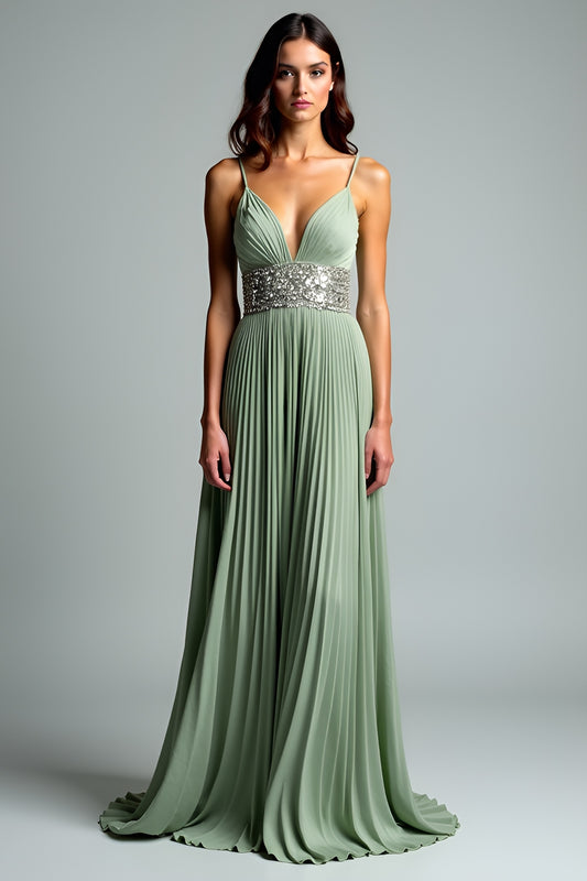 Pleated Grey Green A Line Long Wedding Guest Dress