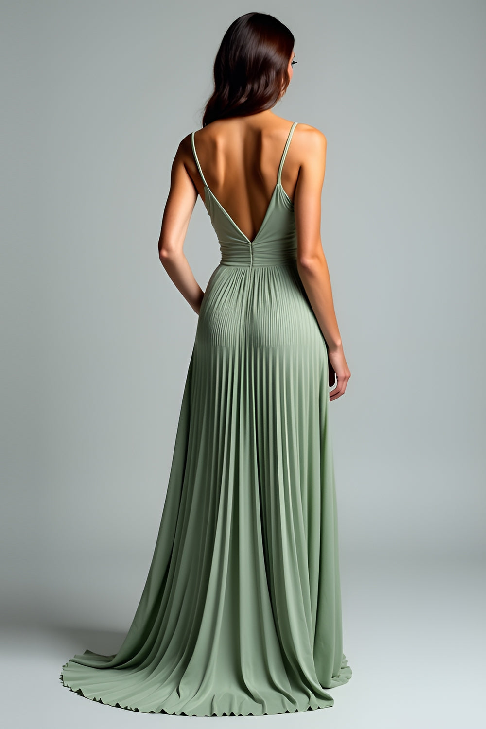 Pleated Grey Green A Line Long Wedding Guest Dress