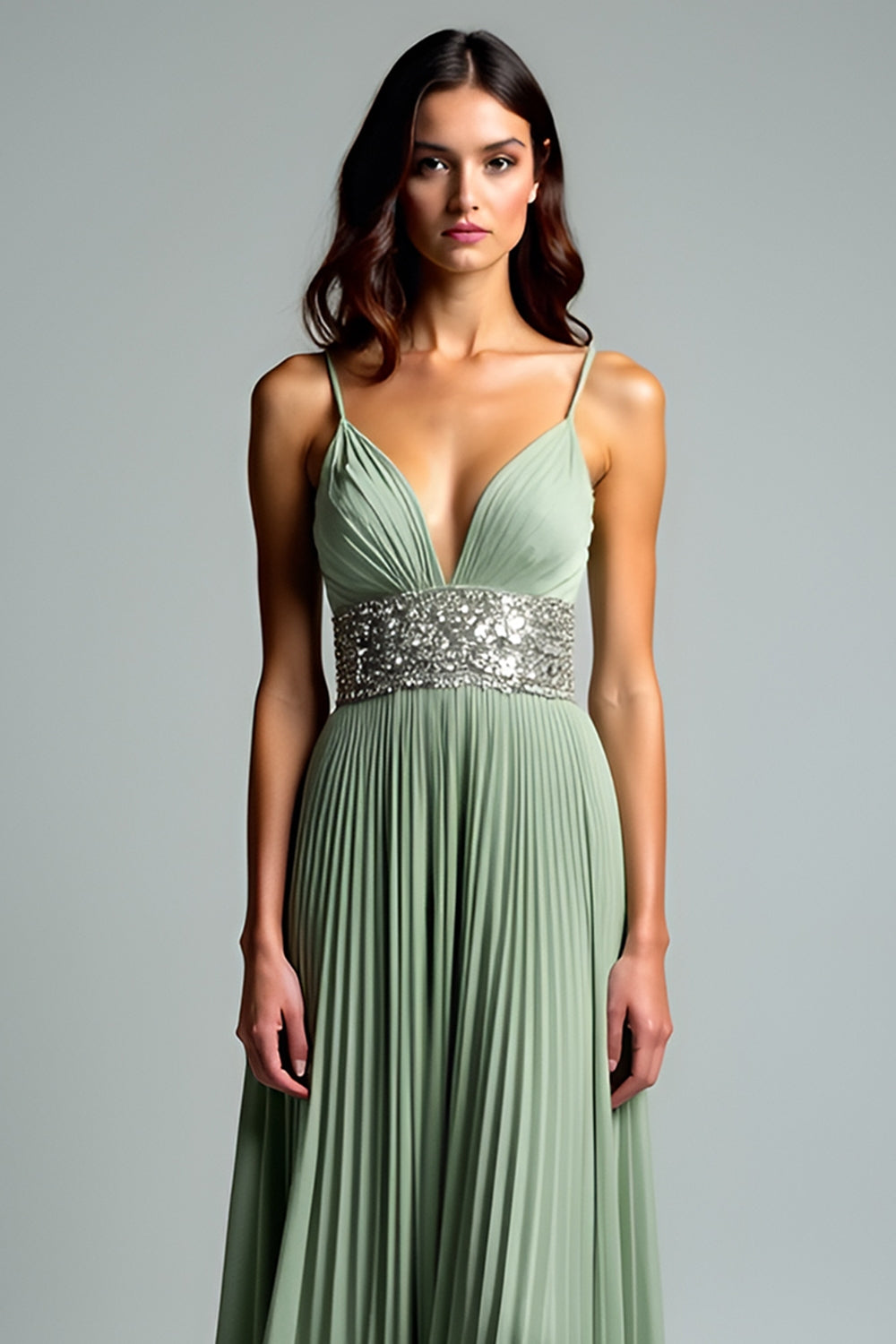 Pleated Grey Green A Line Long Wedding Guest Dress