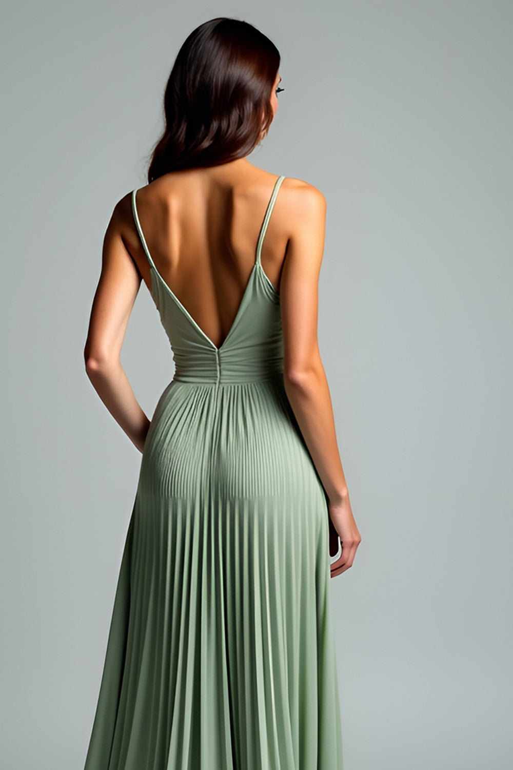 Pleated Grey Green A Line Long Wedding Guest Dress