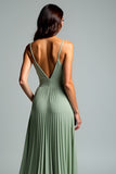 Pleated Grey Green A Line Long Wedding Guest Dress