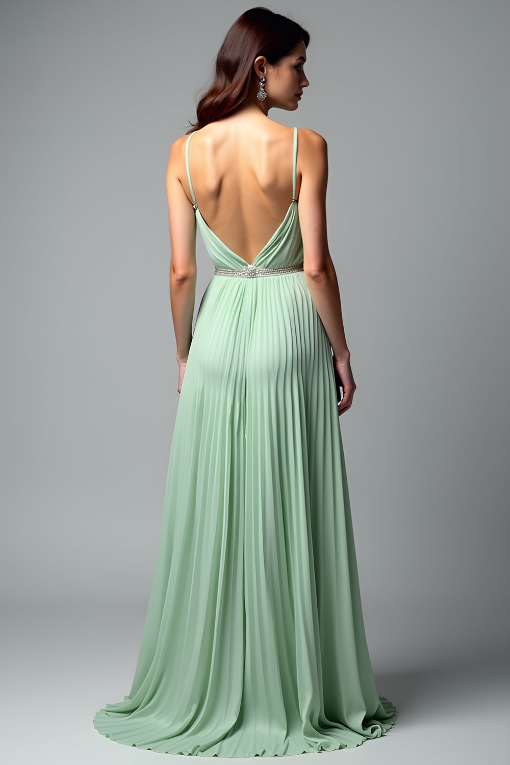 Backless Light Green A Line Long Wedding Guest Dress with Pleated