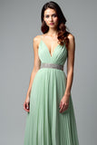 Backless Light Green A Line Long Wedding Guest Dress with Pleated