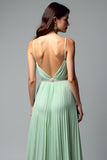 Backless Light Green A Line Long Wedding Guest Dress with Pleated