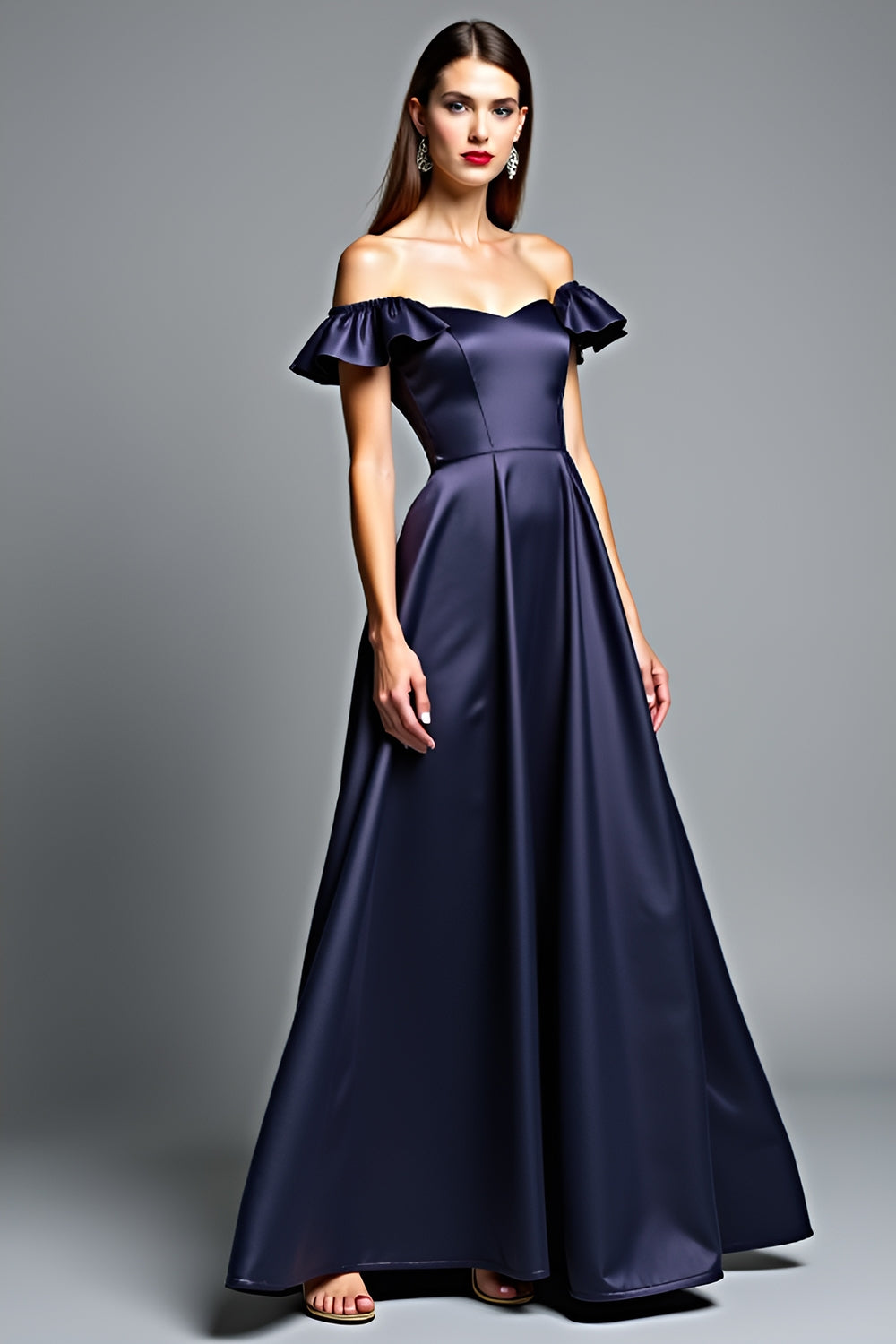 Off the Shoulder Navy A Line Long Wedding Guest Dress with Ruffles