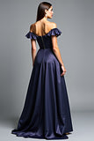 Off the Shoulder Navy A Line Long Wedding Guest Dress with Ruffles