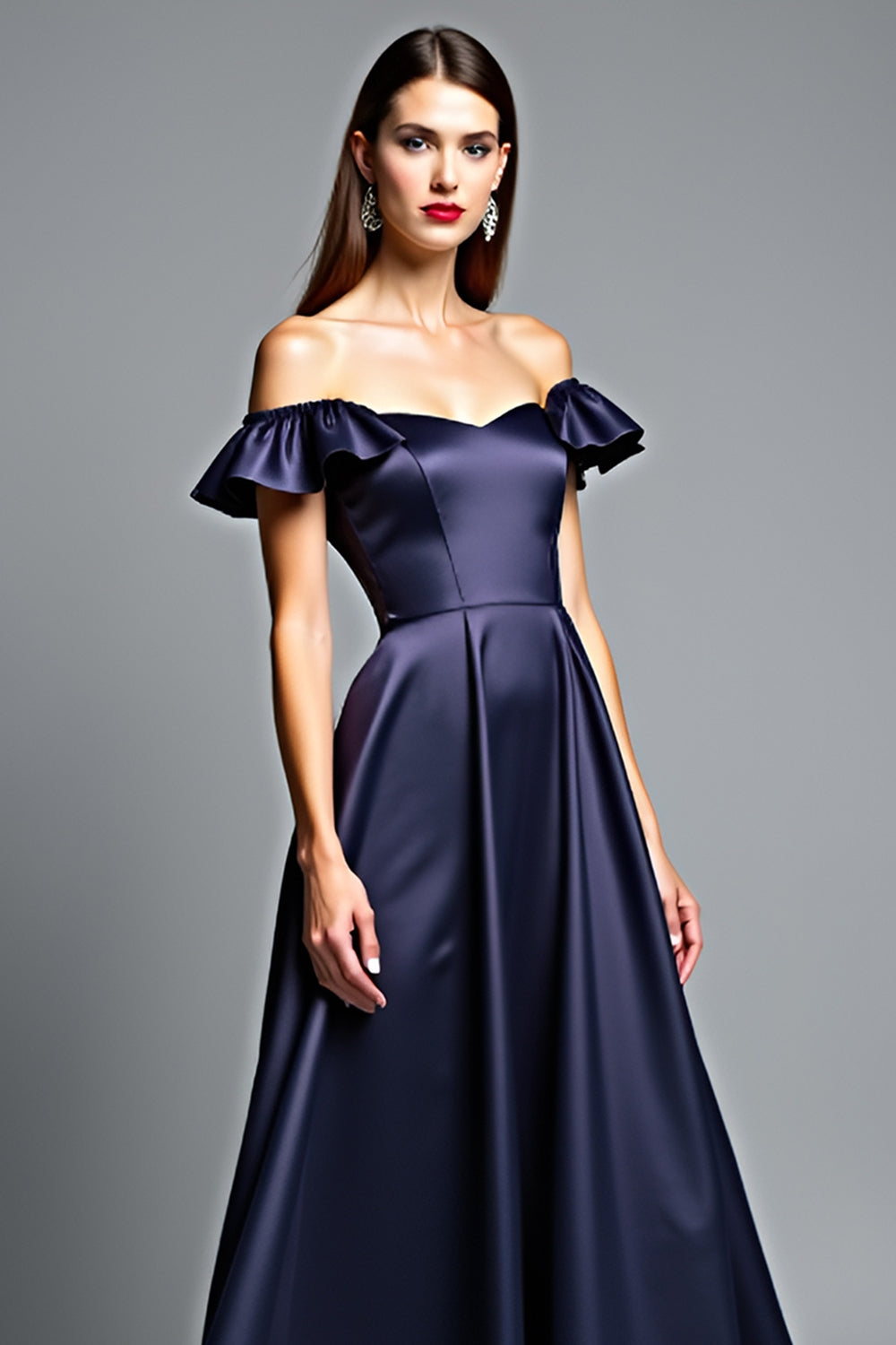 Off the Shoulder Navy A Line Long Wedding Guest Dress with Ruffles