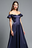 Off the Shoulder Navy A Line Long Wedding Guest Dress with Ruffles