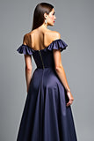 Off the Shoulder Navy A Line Long Wedding Guest Dress with Ruffles