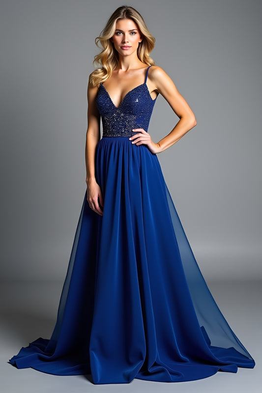 A Line Royal Blue Ruched Long Wedding Guest Dress